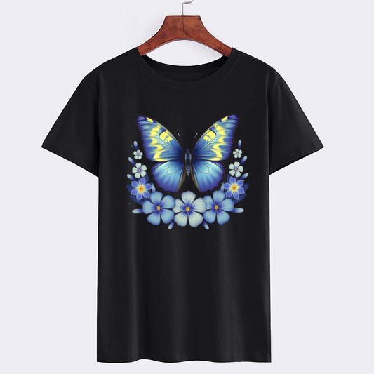 Blue Butterfly Floral Graphic T-Shirt