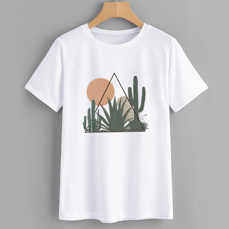 Cactus Geometric Print White T-Shirt