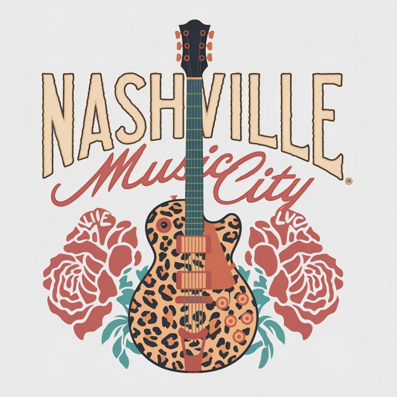Nashville Music City Leopard Guitar T-Shirt