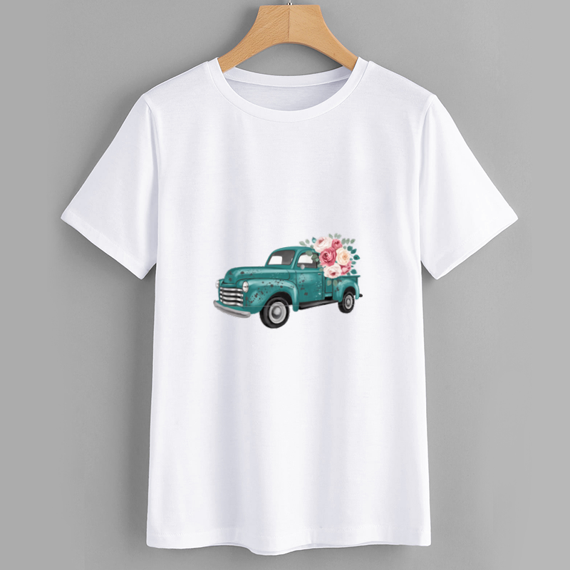 Vintage Teal Truck Floral Graphic T-Shirt