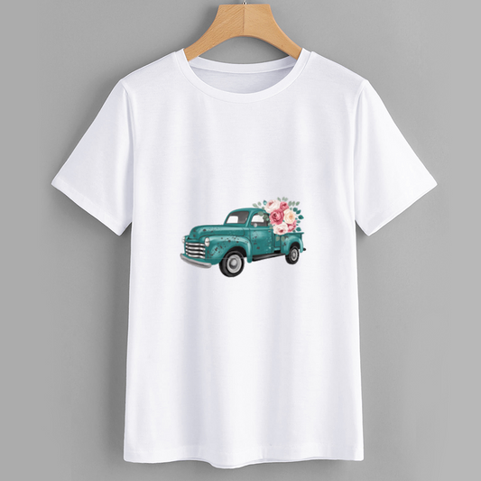 Vintage Teal Truck Floral Graphic T-Shirt