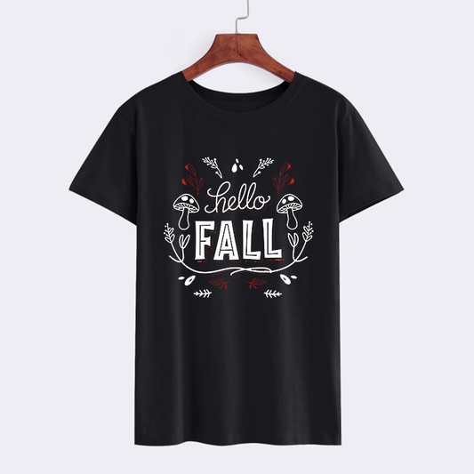 Hello Fall Graphic T-Shirt with Mushroom Design