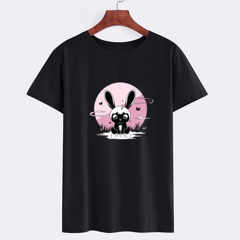 Cute Rabbit Graphic Black T-Shirt