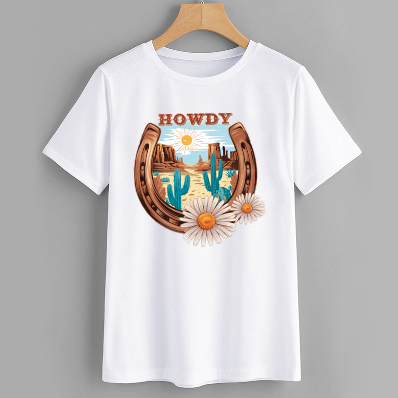 Howdy Graphic T-Shirt with Cactus and Daisy Design