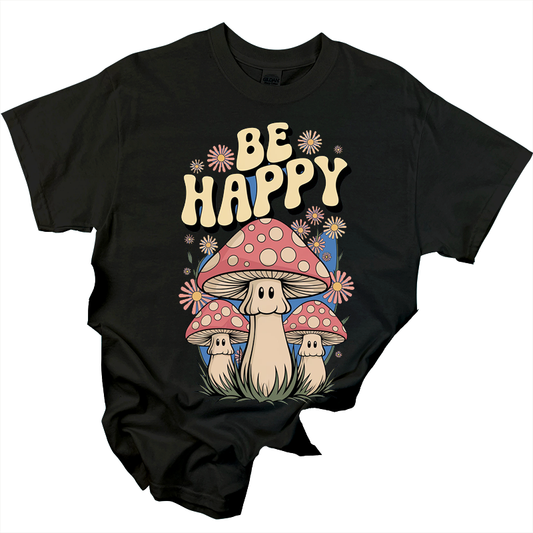 Mushroom Pattern 'Be Happy' T-Shirt