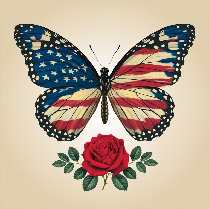 Butterfly and Rose Graphic T-Shirt with American Flag Design