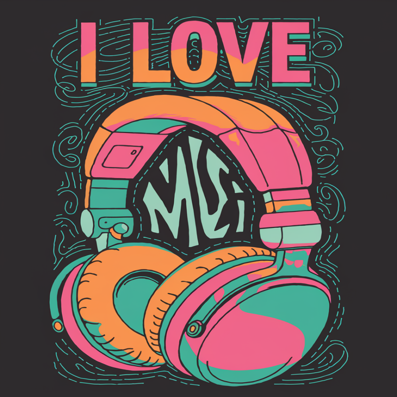 I Love Music Graphic T-Shirt with Headphones Design
