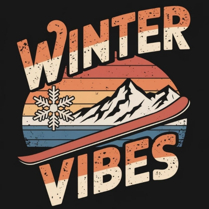 Retro Mountain Winter Vibes Black Cotton T-Shirt