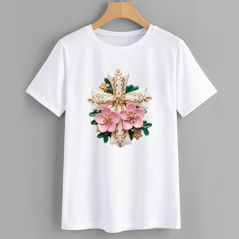 Elegant Floral Cross Graphic T-Shirt