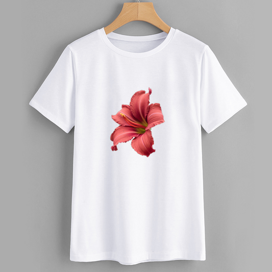Hibiscus Print White Cotton T-Shirt Casual