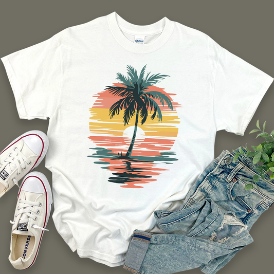 Casual Pattern Top with Sun and Coconut Trees Design