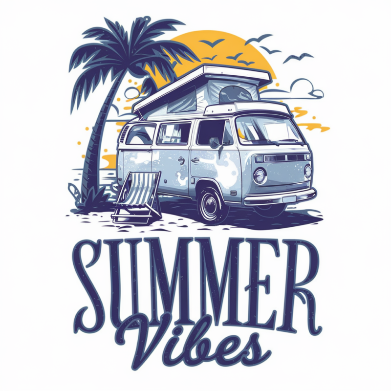 Summer Vibes Graphic T-Shirt with Palm Tree and Van Design