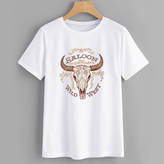 Wild West Saloon Cow Skull Graphic T-Shirt