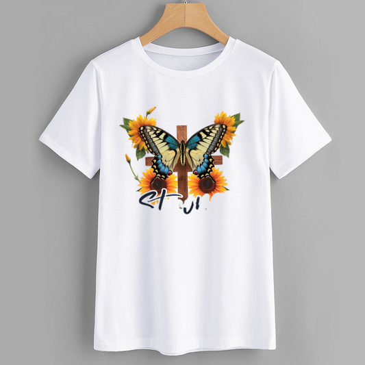 Artistic Butterfly and Sunflower Graphic T-Shirt