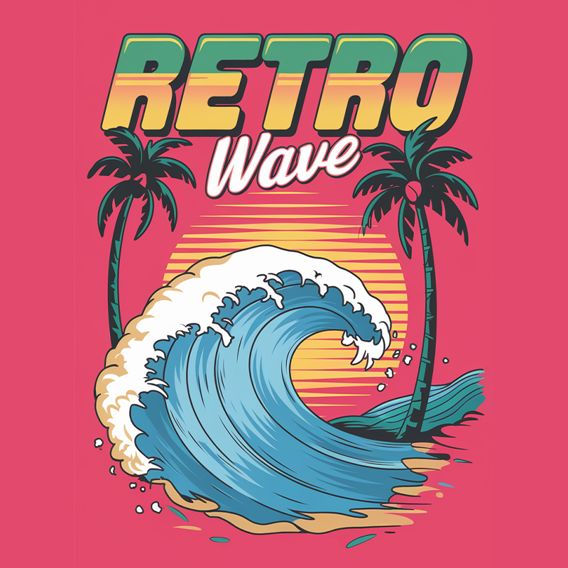 Retro Wave Graphic T-Shirt with Palm Trees and Ocean Design
