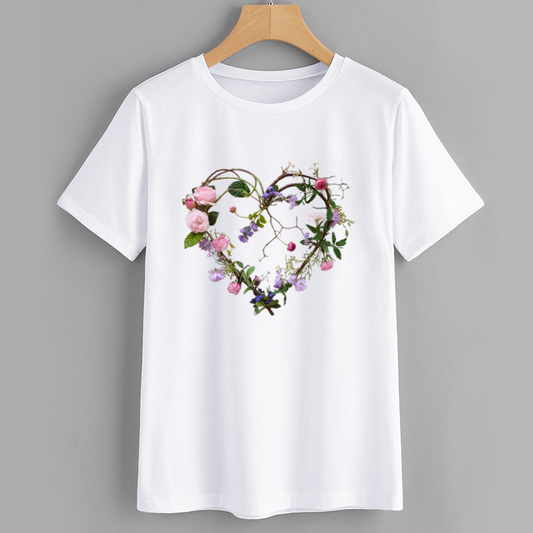 Floral Heart Graphic T-Shirt - White Casual Tee