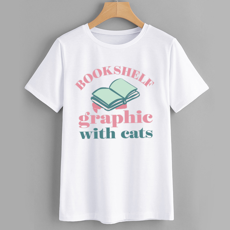 Bookshelf Graphic T-Shirt with Cats