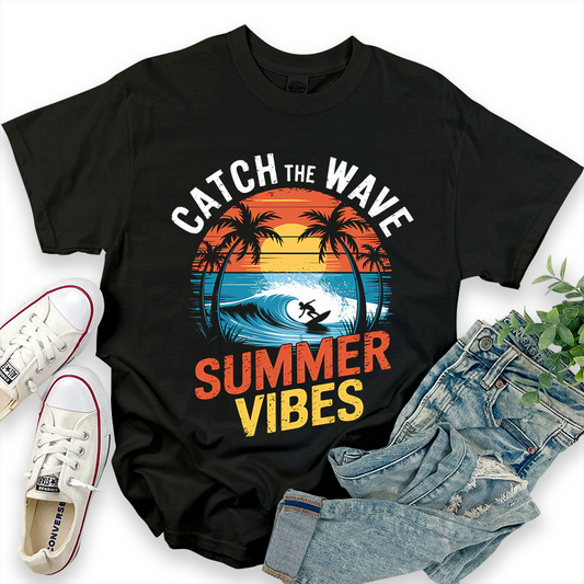 CATCH THE WAVE Summer Vibes Beach Pattern T-Shirt