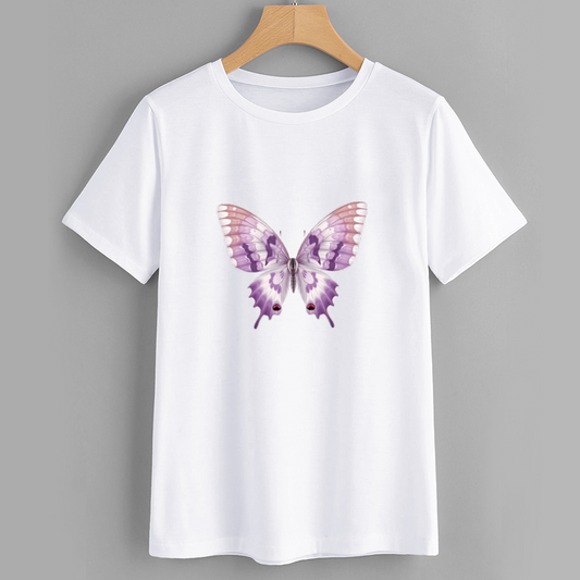 Butterfly Print White Cotton T-Shirt Casual Short Sleeve