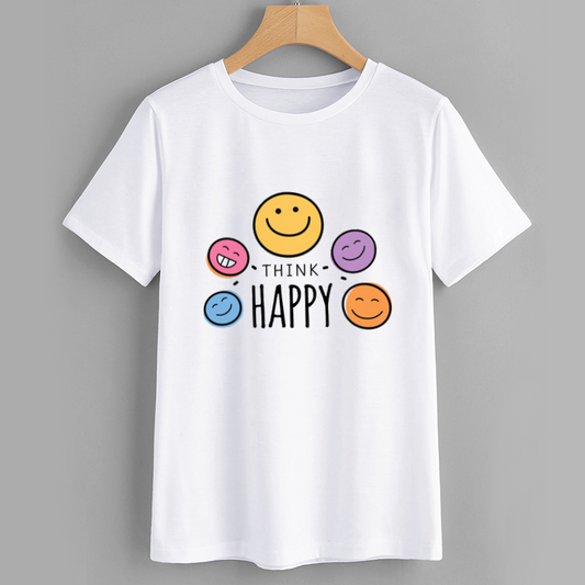 Smiley Face Graphic T-Shirt with 'Think Happy' Message