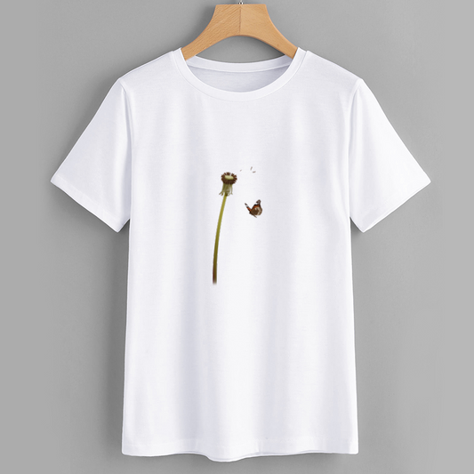 EcoSoft Cotton White T-Shirt with Dandelion Butterfly Print