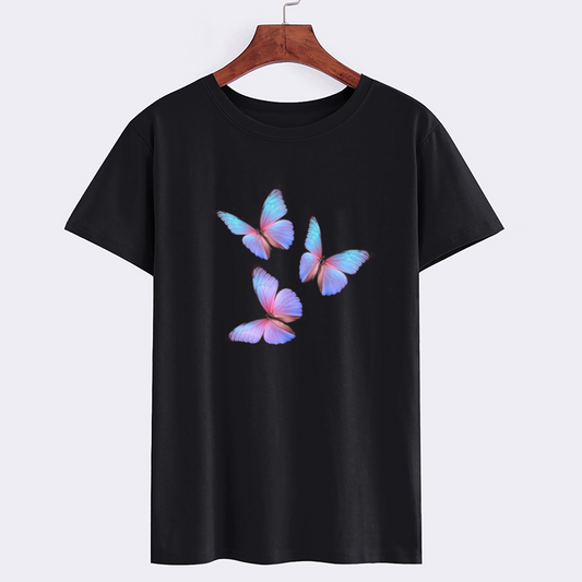 Butterfly Print Cotton Black T-Shirt Casual