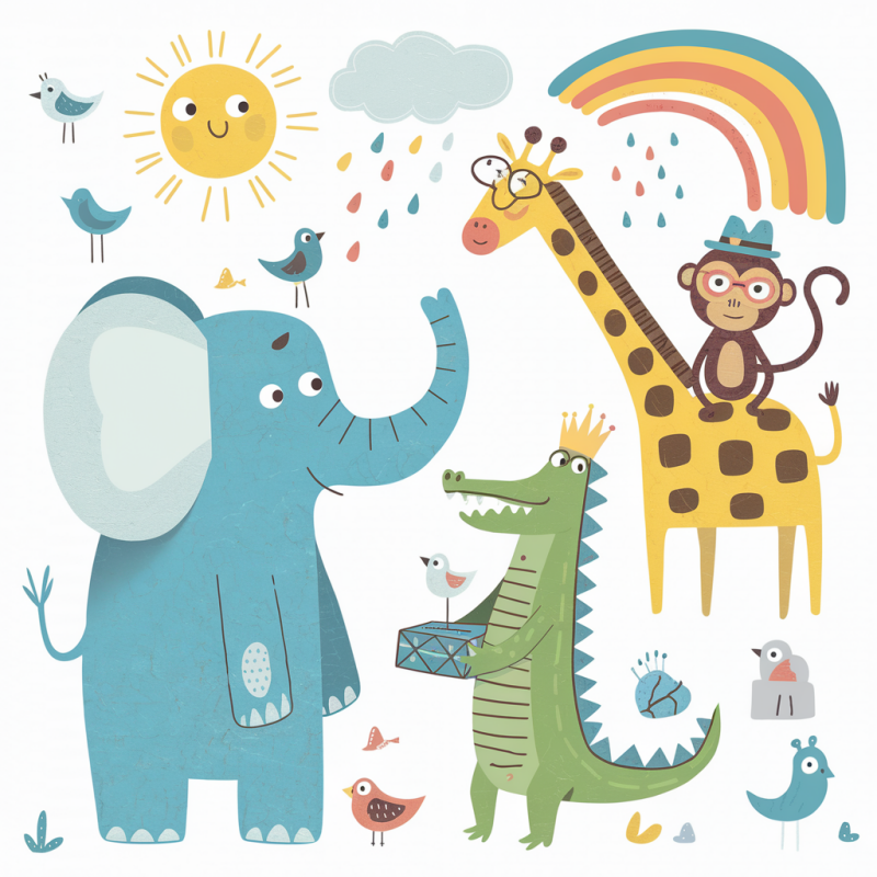 Cute Animal Print T-Shirt with Elephant, Giraffe, and Monkey