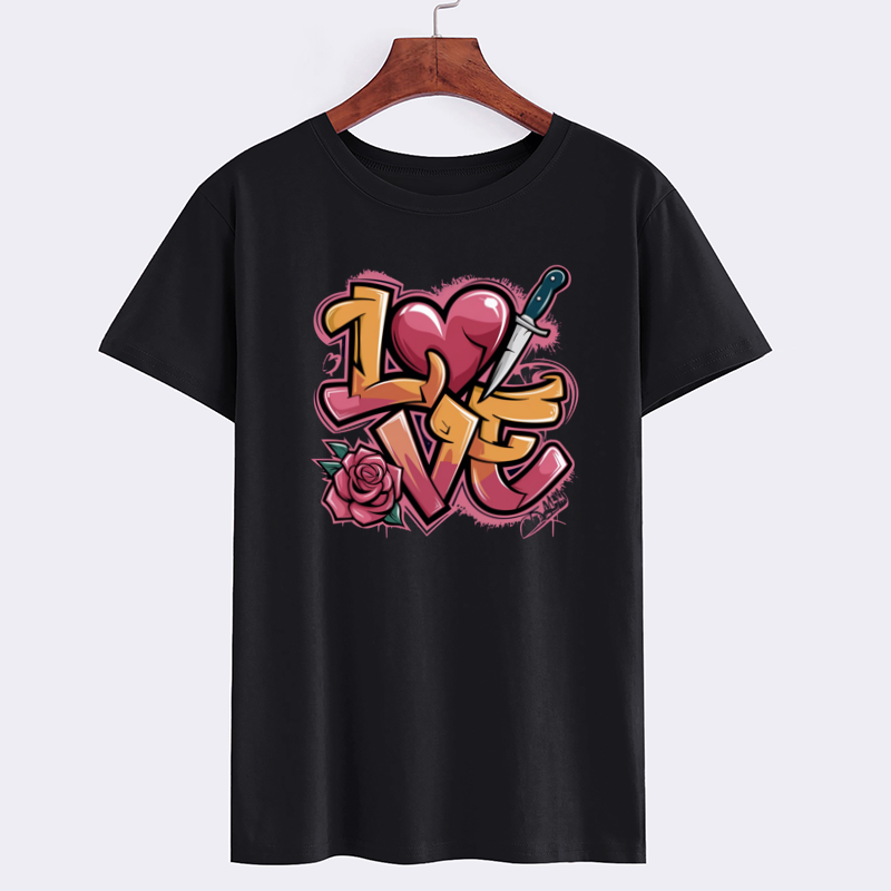 Stylish Love Graphic T-Shirt with Rose and Sword Design