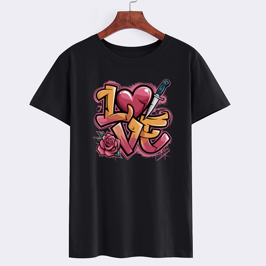 Stylish Love Graphic T-Shirt with Rose and Sword Design