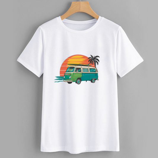 Retro Van Sunset Cotton Graphic T-Shirt