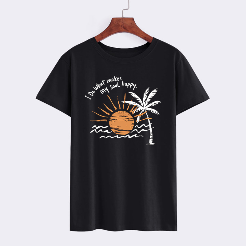 Black Inspirational Quote Graphic T-Shirt with Palm Tree and Sun Design