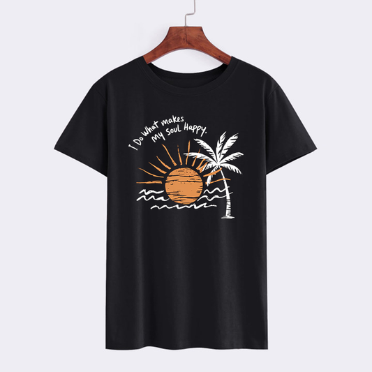 Black Inspirational Quote Graphic T-Shirt with Palm Tree and Sun Design