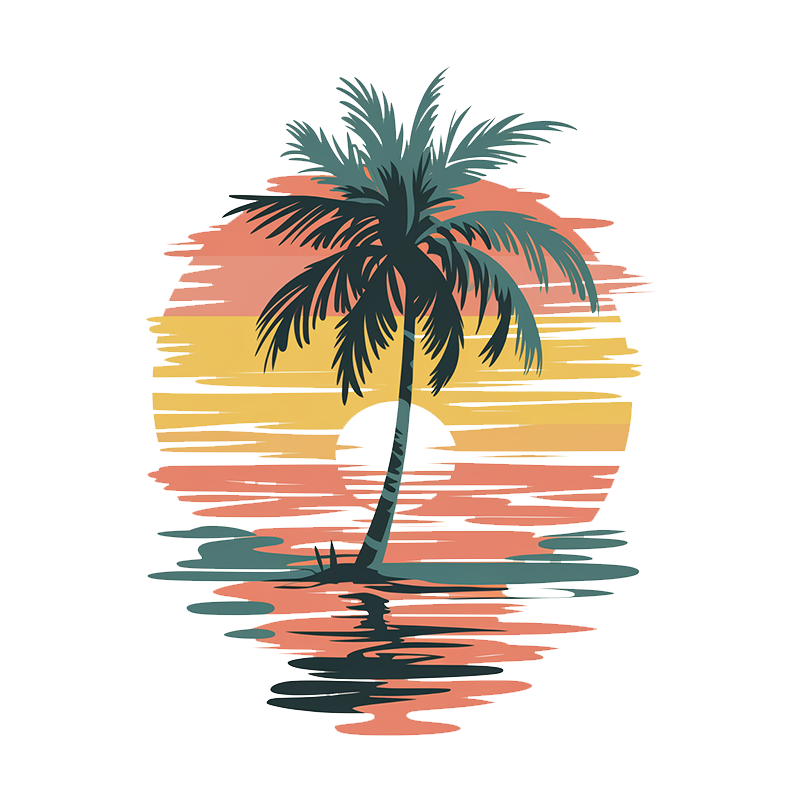 Casual Pattern Top with Sun and Coconut Trees Design