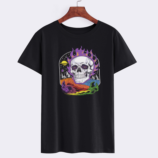 Vibrant Skull Graphic T-Shirt with Cosmic Design