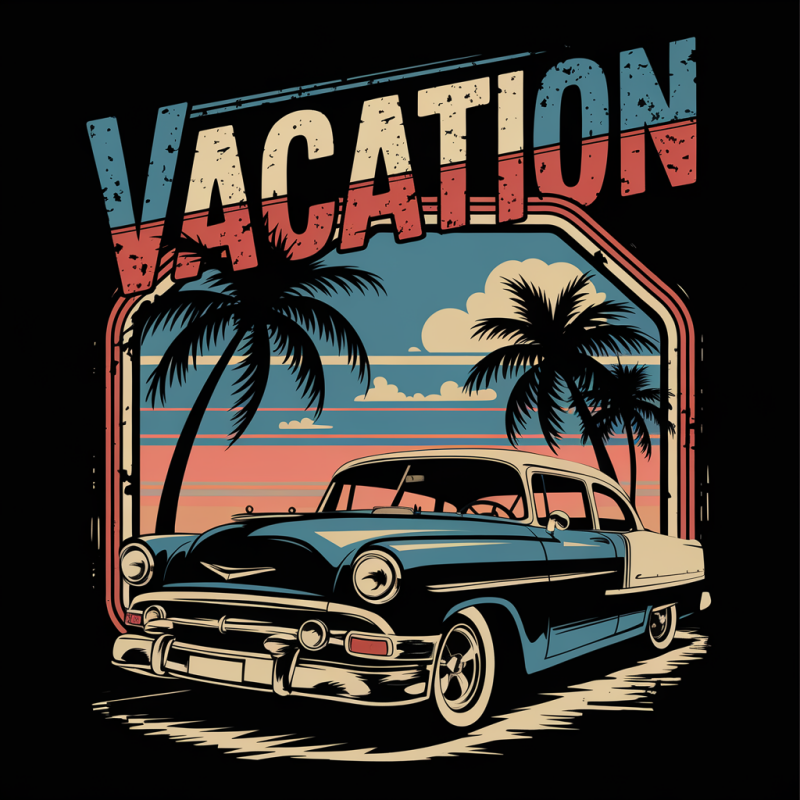 Retro Vacation Graphic T-Shirt with Classic Car and Palm Trees