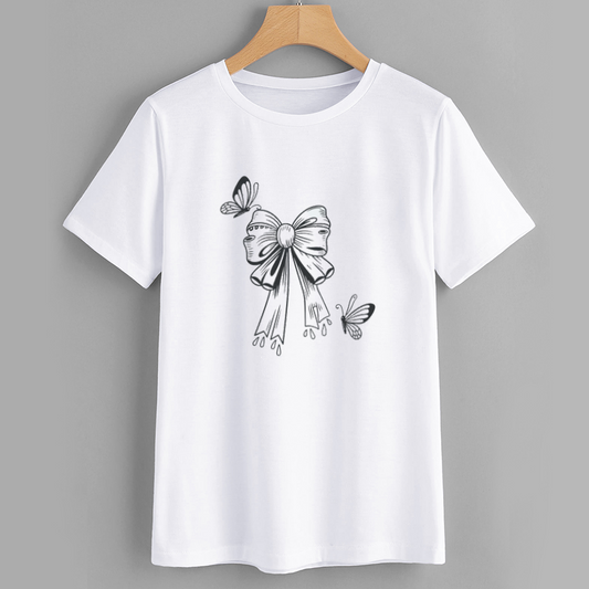 Trendy Bow & Butterfly Graphic Cotton T-Shirt