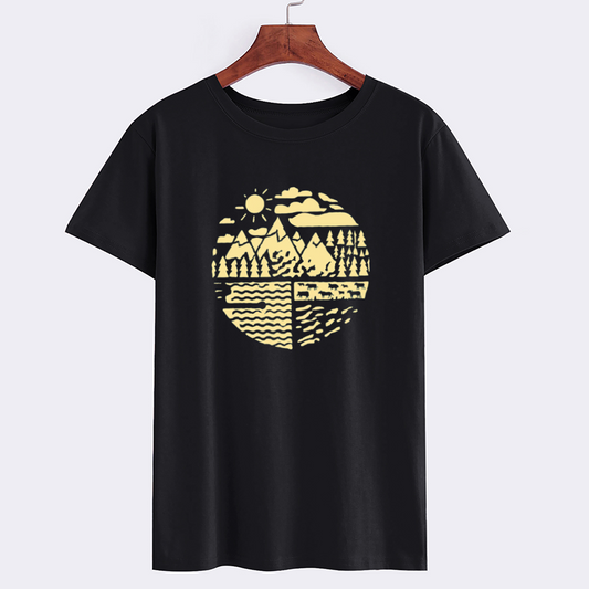 Nature Inspired Black Graphic T-Shirt with Mountain Design