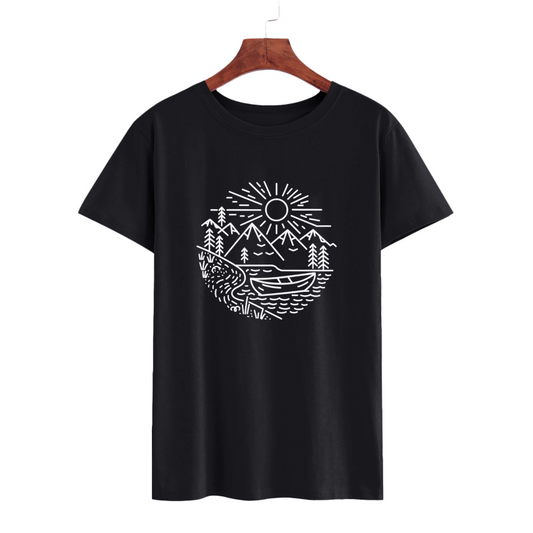 Outdoor Adventure Graphic T-Shirt - Black with Mountain and Water Design