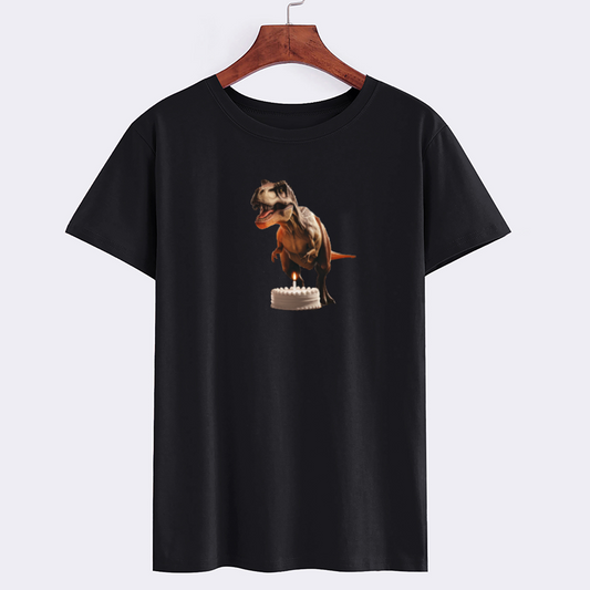 Dinosaur T-Rex Birthday Cake Black Cotton Shirt
