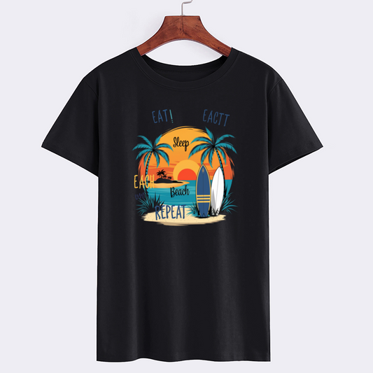 Tropical Beach Graphic T-Shirt with Surfboards