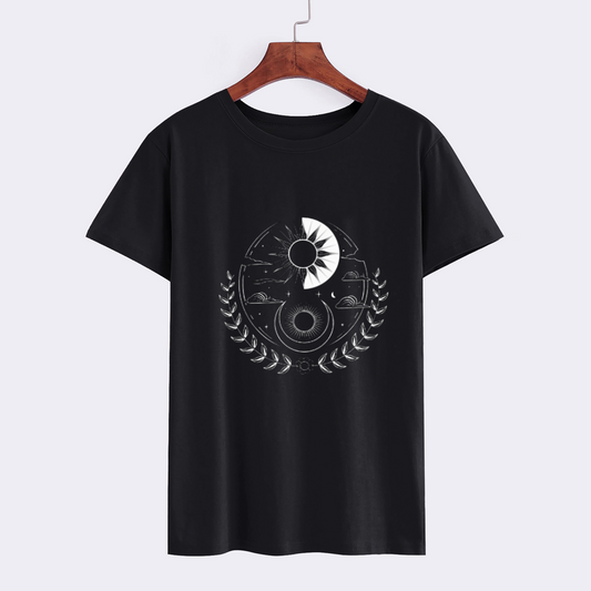 Black Graphic T-Shirt with Moon and Sun Design