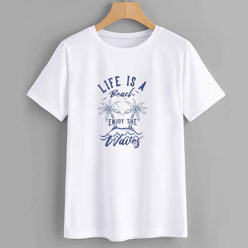 Beach Life Graphic T-Shirt with Palm Trees and Waves