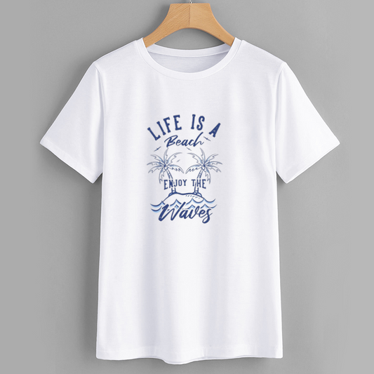 Beach Life Graphic T-Shirt with Palm Trees and Waves