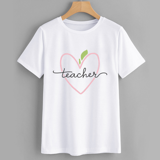 Peachy Heart Teacher Graphic Cotton T-Shirt