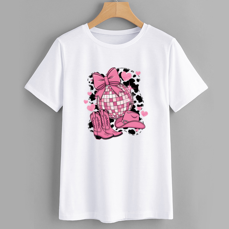 Trendy Pink Cowgirl Disco T-Shirt with Graphic Design