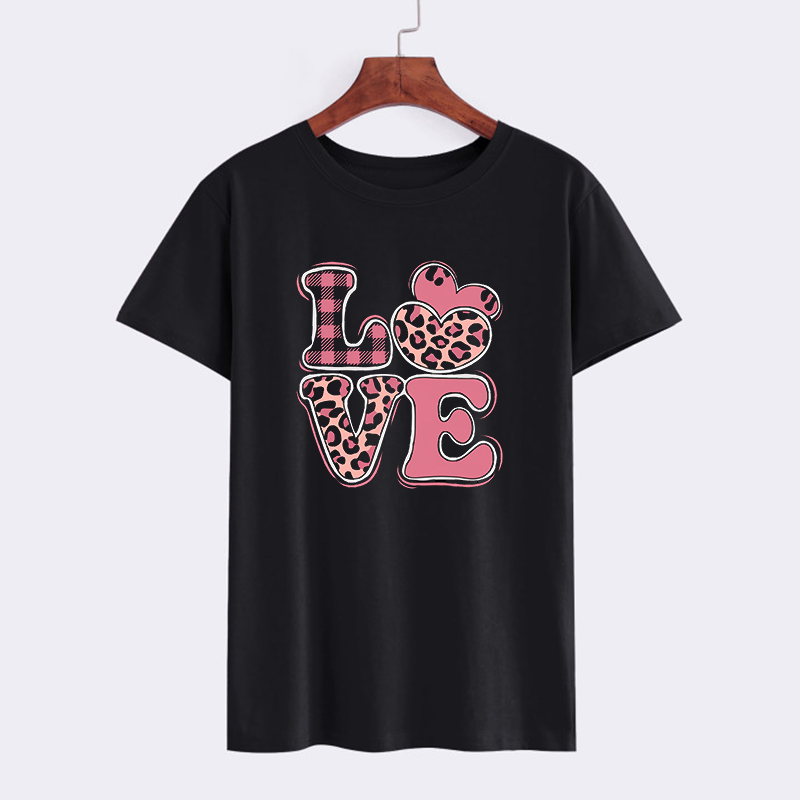 Trendy Black Love Graphic T-Shirt with Leopard Print