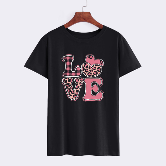 Trendy Black Love Graphic T-Shirt with Leopard Print