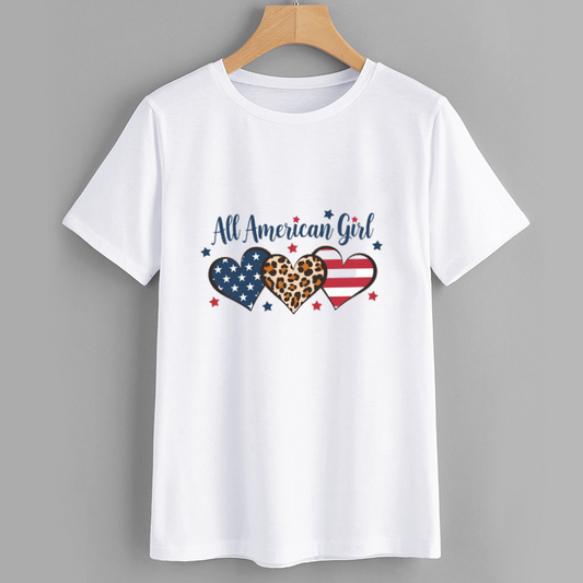 All American Girl Graphic T-Shirt with Leopard Hearts