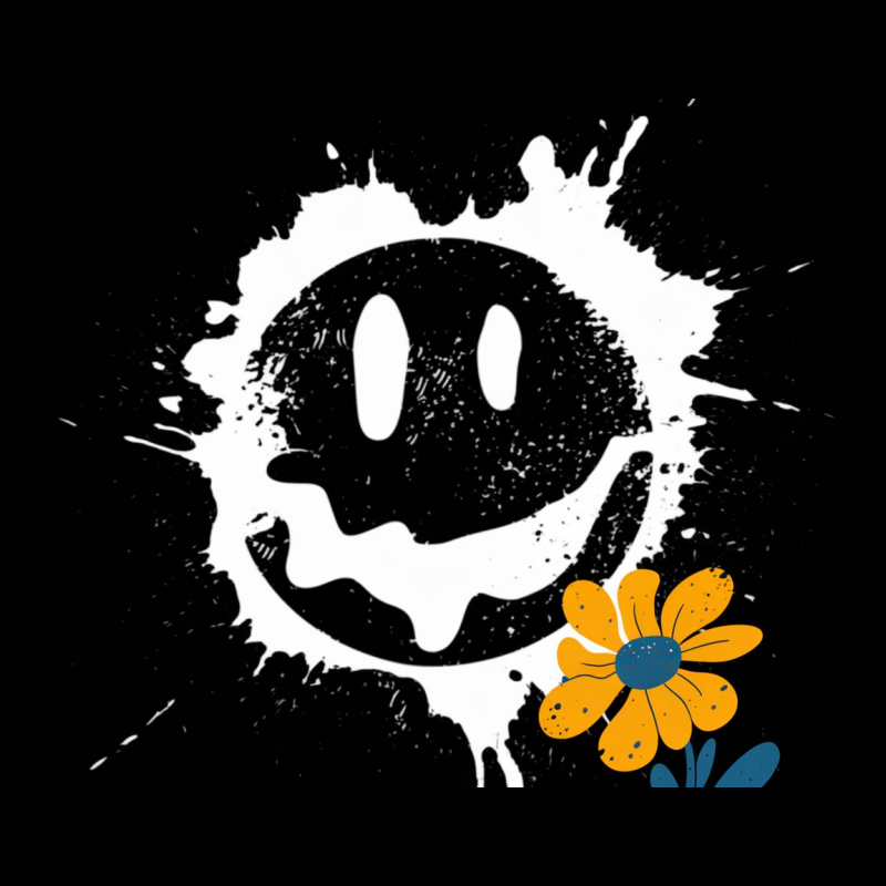 Black Smiley Face Graphic T-Shirt with Flower Design