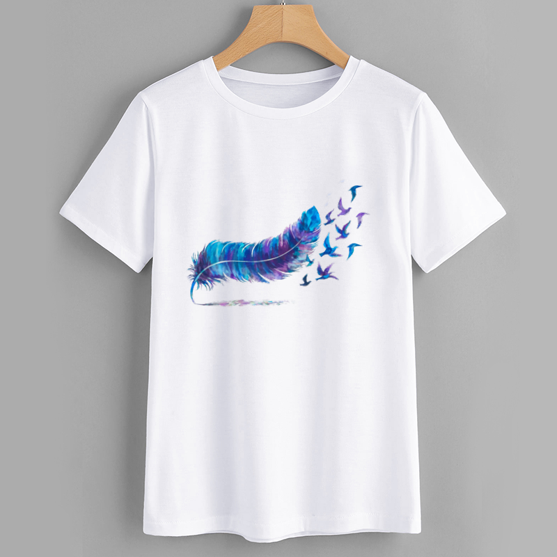 Colorful Feather and Birds Graphic T-Shirt